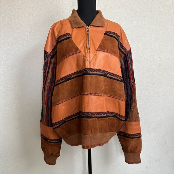 Saxony Jacket Mens Large Bomber Leather 3D Knit Coogi Style 90s Suede Western